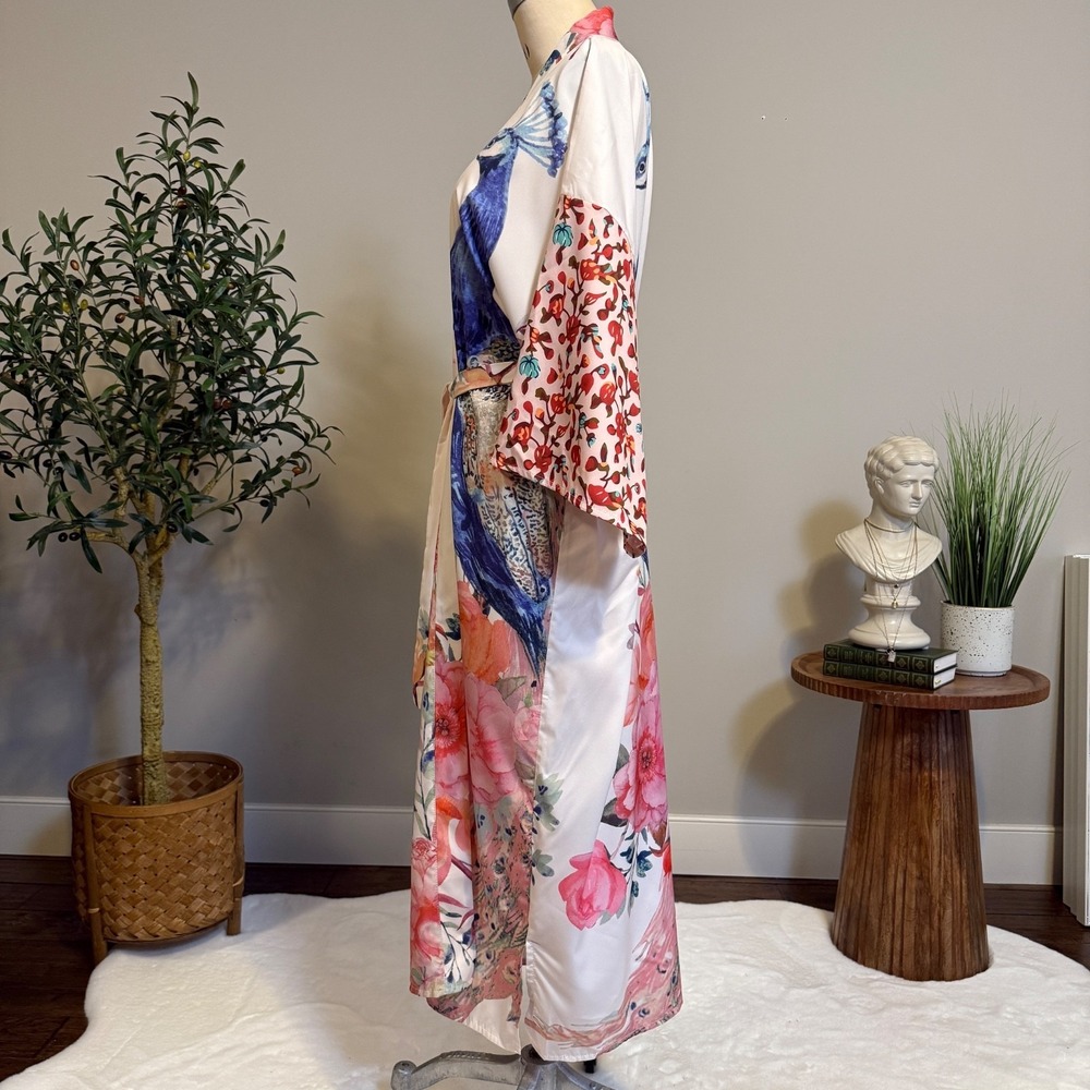 Peacock Floral Satin Kimono Robe One Size Belted Long Duster Cover Up Loungewear - Picture 7 of 15